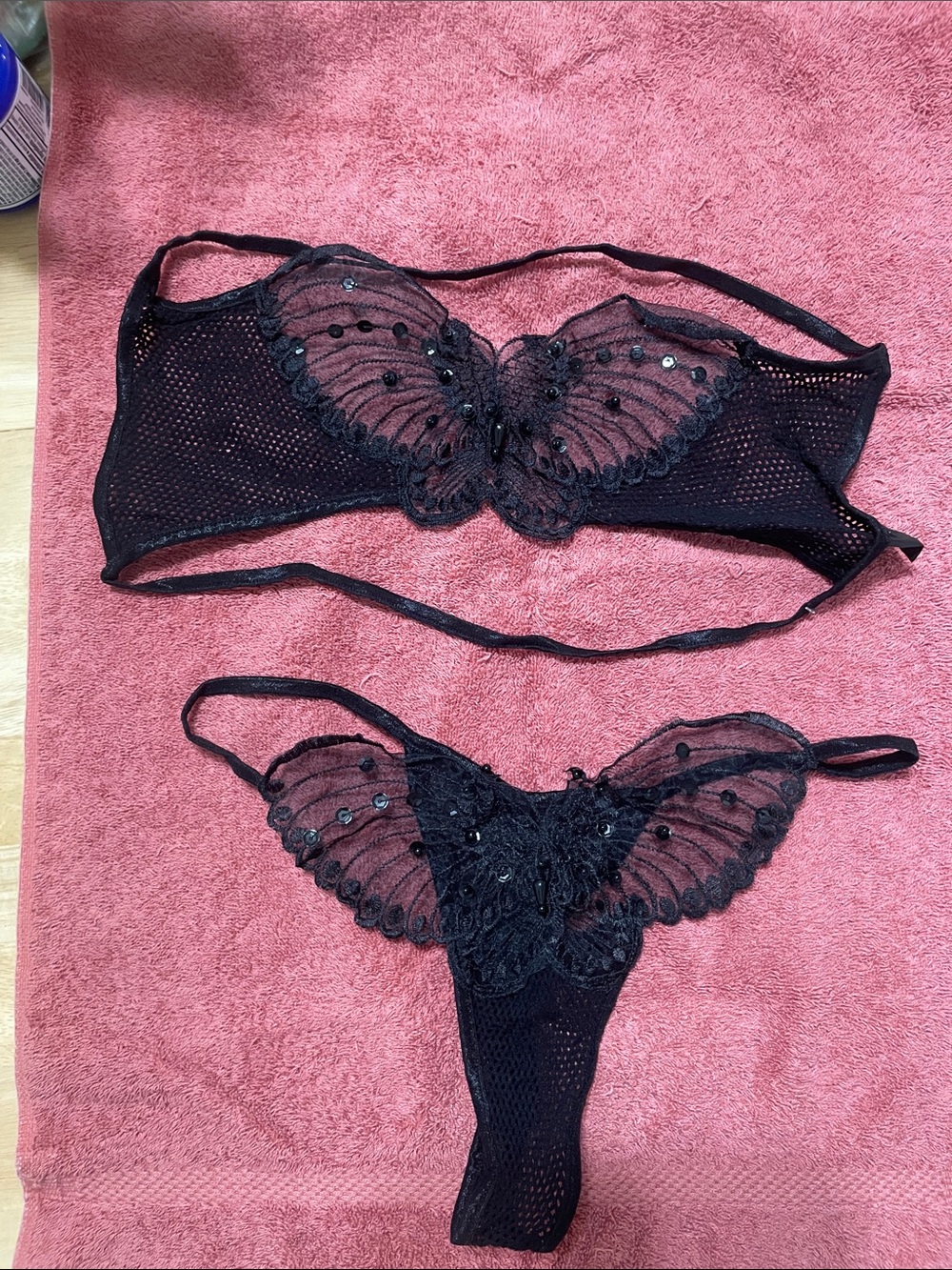 Sheer Butterfly Lace Bralette & Thong Set - Black